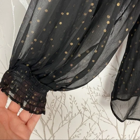LOFT Sheer Black & Gold Dot Peasant Blouse Ruffle - Picture 3 of 8